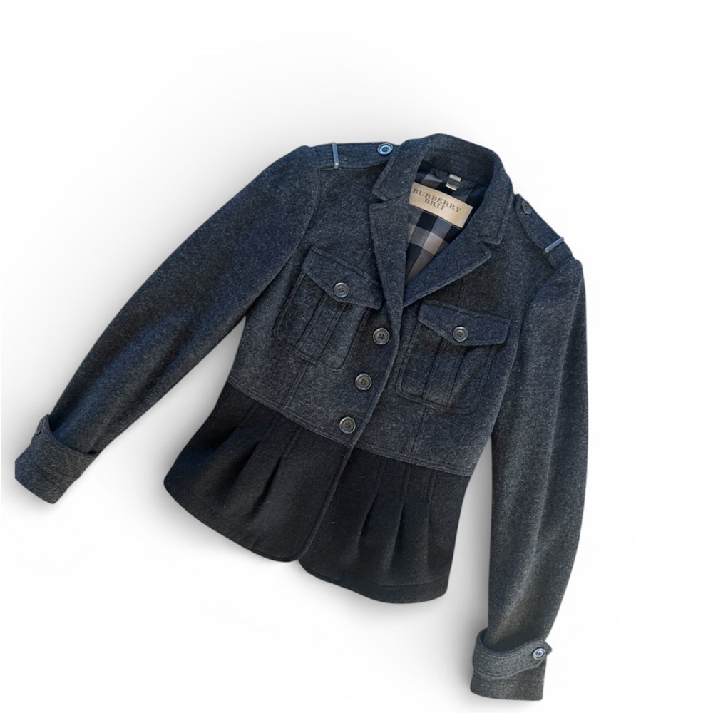 Burberry Brit Gray Wool blend Military Jacket with peplum -size 6